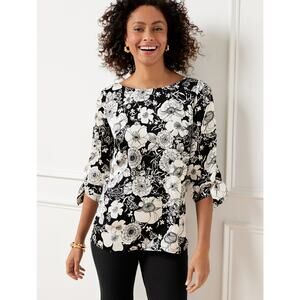 Talbots Boho Marigolds Zinnias Tie Sleeve Pullover Top Women Size SP Black White